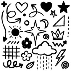 Hand drawing pencil shape vector set. Vector crayon brush texture. pencil sketch mark underline emphasis asset. outline naive style shape. doodle elements. childish drawing. Arrow, moon, star, sun