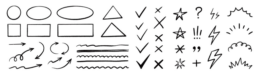 Fototapeta na wymiar Chalk check mark arrow collection. Blackboard doodle style symbols, sketchy pencil quotes, checkboxes and hand drawn crayon underline. Pencil chalk stroke texture highlight, arrow. Vector illustration