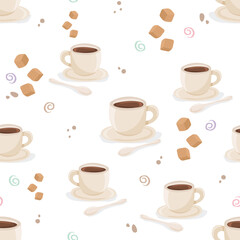 Vector seamless pattern featuring beige coffee cups with dark coffee, white spoons and brown sugar cubes on a white background. Suitable for cafe, kitchen and coffee themes