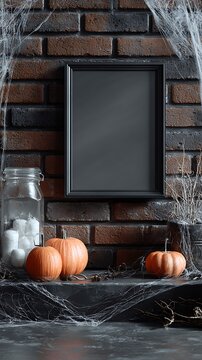 Wall art mockup scene, dark black frame on brick wall, decorated with halloween props: pumpkins, cobwebs, eerie vibe