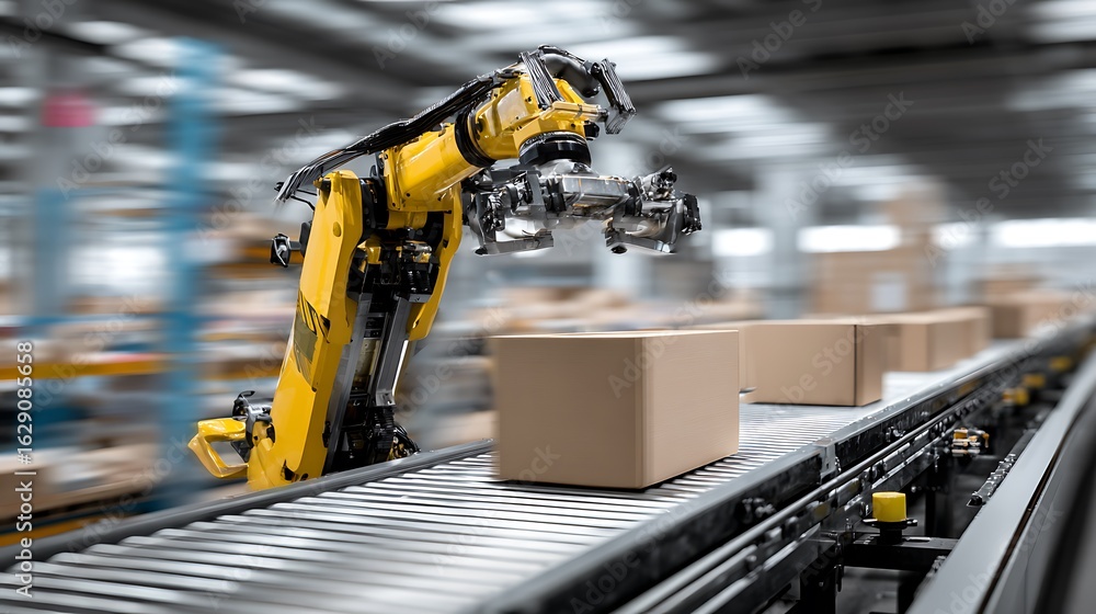 Poster automated robotic arm sorting boxes in warehouse on conveyor belt