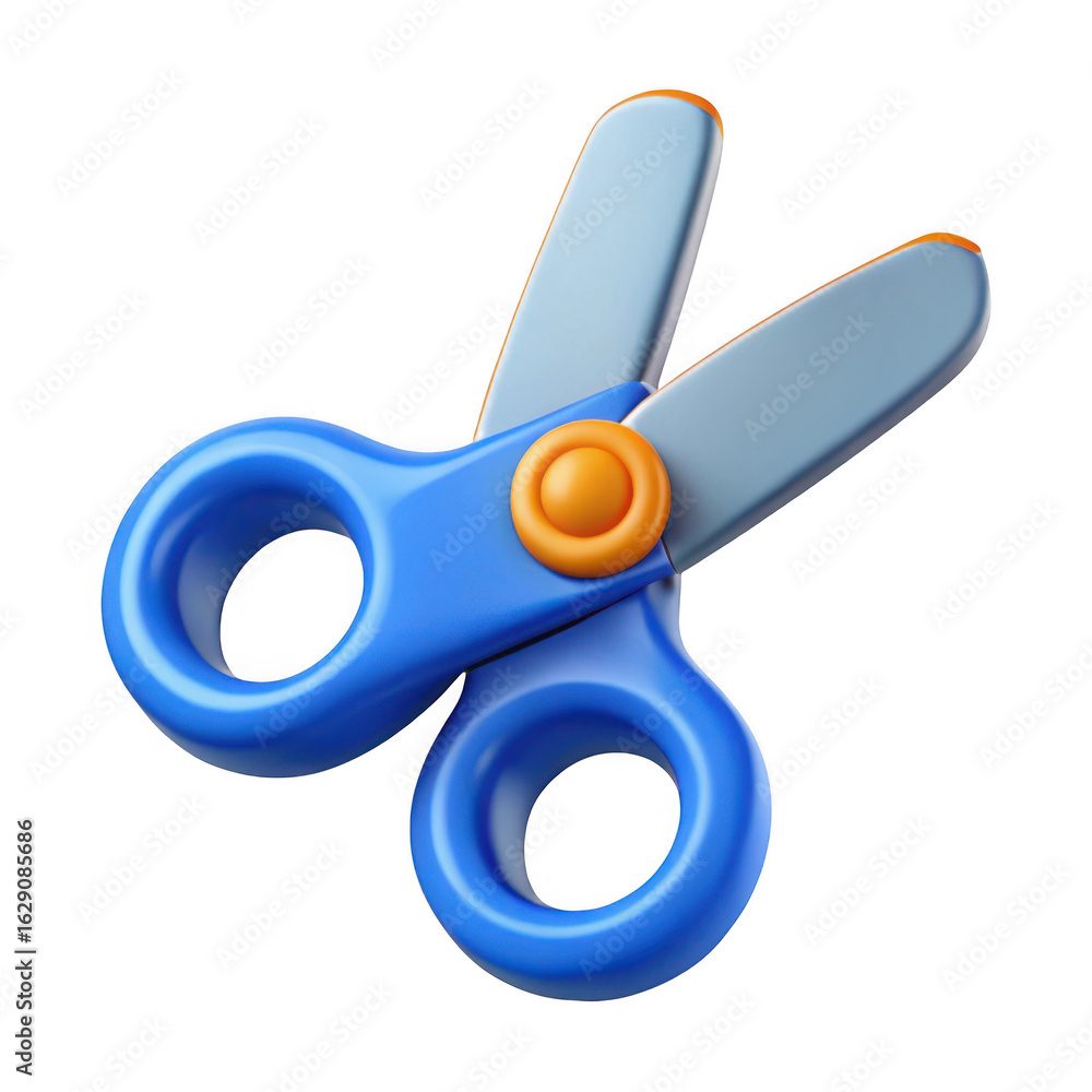 Poster 3d blue scissors with orange pivot isolated on transparent background