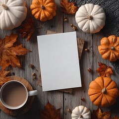 Halloween invitation mockup, blank white card lying flat on wooden desk, surrounded by pumpkins, autumn leaves, and cozy props
