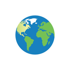 A colorful, flat illustration of planet Earth, featuring green landmasses and blue oceans, with a hint of yellow for North America.