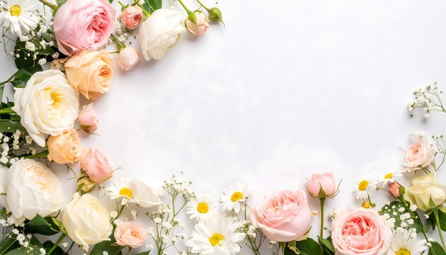 Delicate floral background with a corner border of pink roses, white daisies, and gypsophila. Elegant flat lay composition.
