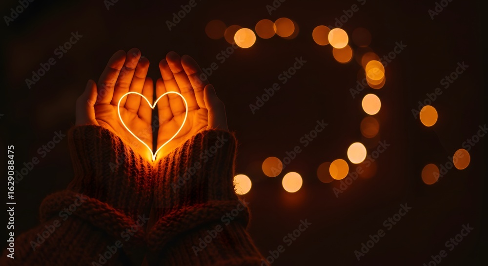 Poster glowing heart in hands with bokeh lights creating a warm and romantic atmosphere in the dark night
