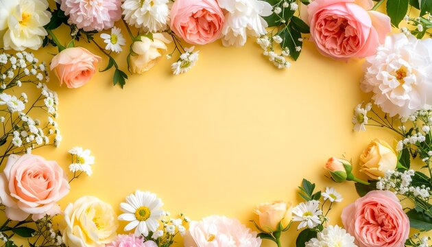 Beautiful floral frame with pink roses and white daisies on a pastel yellow background. Spring celebration concept with copy space.