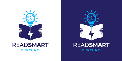 Smart Reading Logo with Education Book Icon Symbol Design Vector Template. Book Logo with Brain Mind Icon Symbol Design Template Vector. Logo Design Template of Book, Paper, Creative, Education. 2.eps