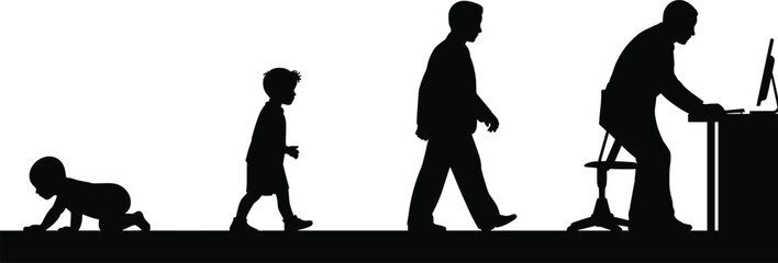 Naklejka premium Silhouette of male life stages from crawling baby to working adult at computer, career evolution concept, flat vector illustration .eps