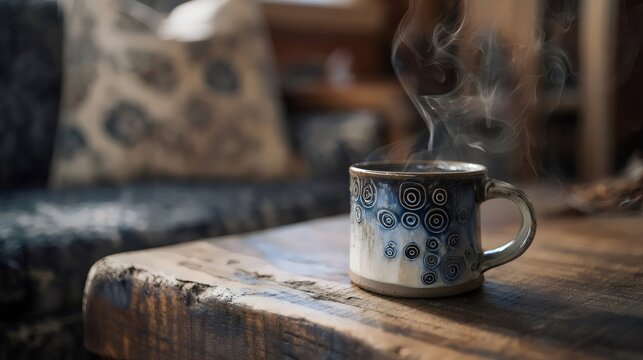 A steaming cup of coffee with a decorative handle, set on a rustic wooden table in a cozy, inviting living room. - Powered by Adobe