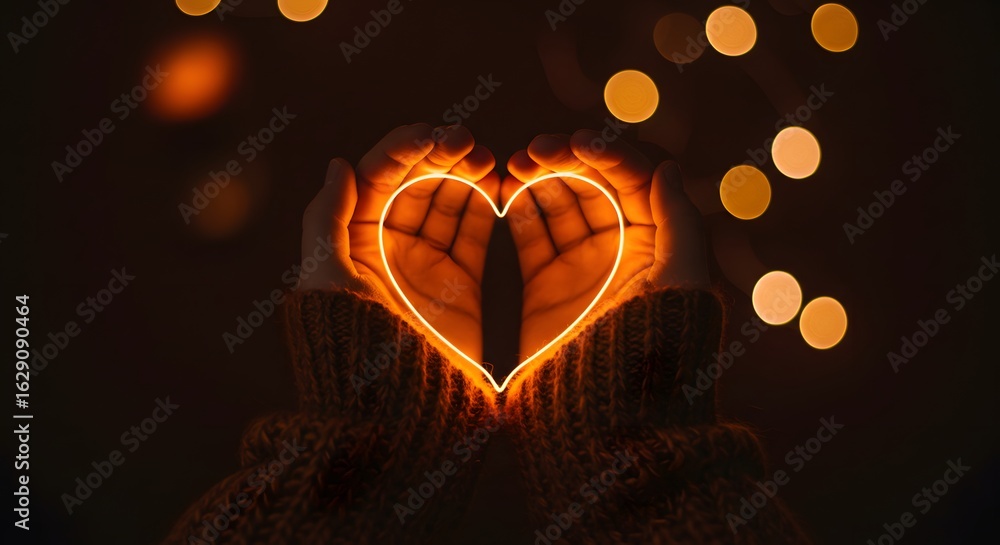 Poster hands holding a glowing heart shape with blurred lights in the background on a dark setting scene