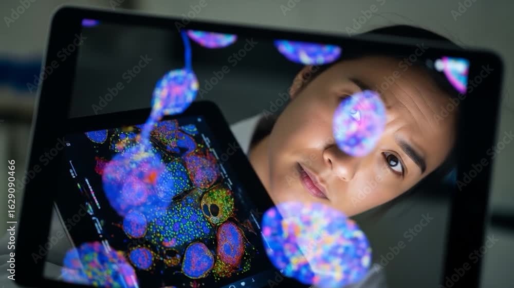 Poster scientist analyzing microscopic cell data on tablet screen in lab