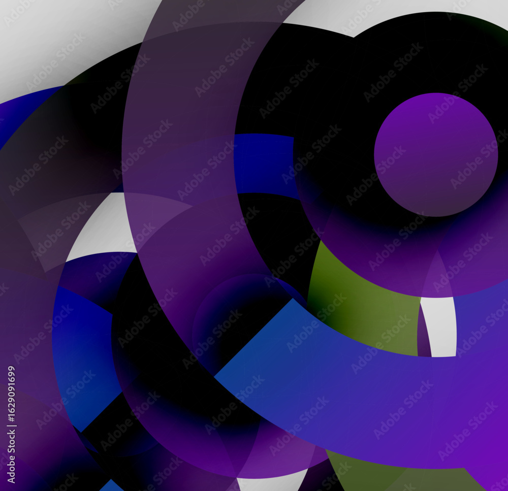 Poster abstract composition. overlapping circles, shapes create dynamic visual effect. purple, blue, black 