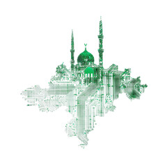 Futuristic mosque design blending Islamic architecture with glowing green circuit board technology, symbolizing digital faith and modern spirituality connections.