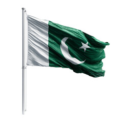 Majestic Pakistan flag waving proudly on a flagpole, showcasing national pride and rich cultural heritage in a dynamic, realistic portrayal ideal for patriotic themes.