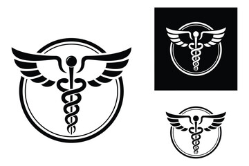 Caduceus medical symbol logo design. Vector graphic icon for healthcare, medicine, and pharmacy in a circle.