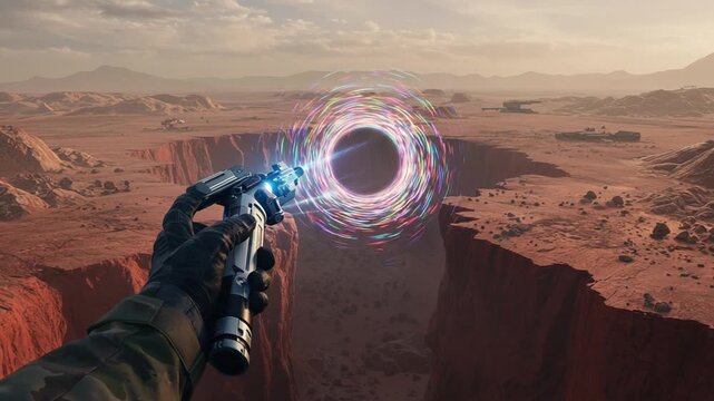 Futuristic hand holding a weapon near a cosmic portal