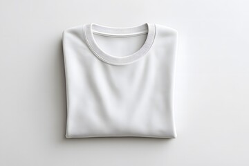 A folded white t shirt with a round neck collar isolated on a plain white background in a studio shot