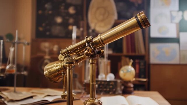 Antique Brass Telescope on Wooden Desk in Vintage Study Room - Science & Exploration