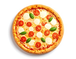 A whole cheese and tomato pizza on a white background