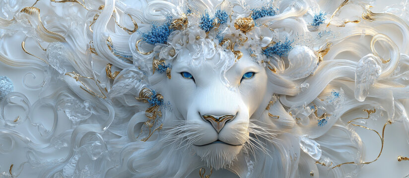Majestic white lion sculpture with blue and gold accents and intricate paper art details image photo