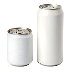 Two white aluminum beverage cans one smaller with condensation isolated on transparent background