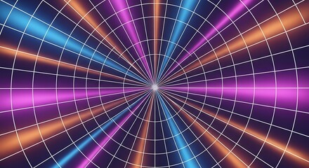 Abstract image of colorful light rays emanating from a central point, overlaid with a white grid pattern.
