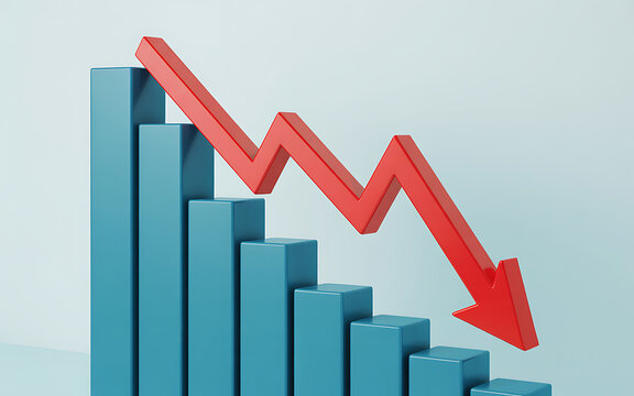 3d isometric bar graph with red down arrow chart data