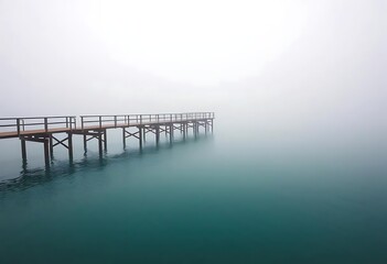 Naklejka premium Foggy lake pier water landscape nature mist bridge tranquil scenic calm peaceful serene horizon