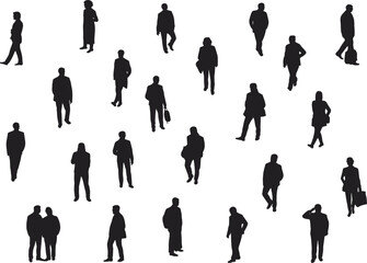Silhouette people sitting various poses, black vector illustration, human posture collection, casual lifestyle reference, urban crowd art.