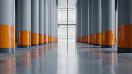 Rows of grey cylindrical pillars with orange bands in a modern industrial building architecture
