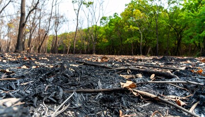 Obraz premium Forest fire has burned down a large area of trees. The ground is covered in ash and debris