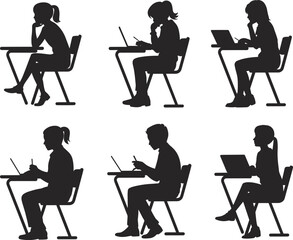  Students sitting at desks using laptops, silhouette vector illustration, education concept, online learning, digital classroom, flat vector illustration.eps