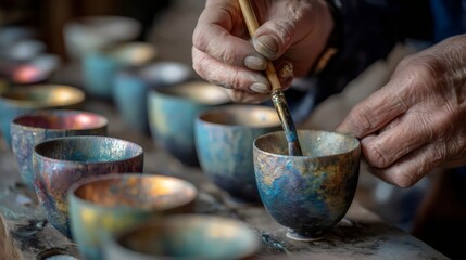 Elderly artisan delicately paints colorful handcrafted cups with a fine brush, showcasing craftsmanship and creativity.