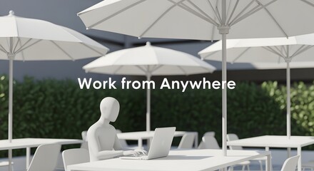 Fototapeta premium Modern Outdoor Workspace with a Person Working on a Laptop Under Large White Umbrellas