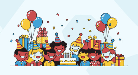 Joyful diverse children in party hats celebrating with cake balloons and gifts.