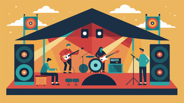 A makeshift stage set up for live performances featuring local artists and cover bands playing classic vinyl tracks. Vector illustration