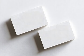 Two blank white business cards laying on a white surface with soft shadows from overhead lighting