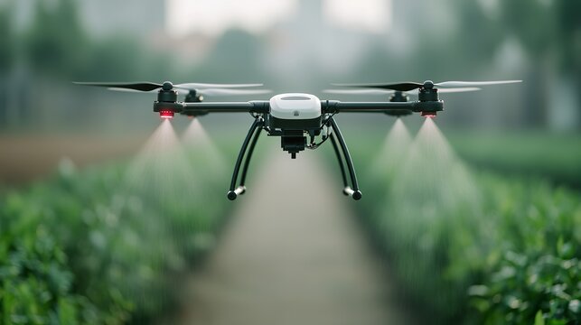 Self-driving urban cleaning drone spraying disinfectant in public spaces, hygienic city, automated sanitation