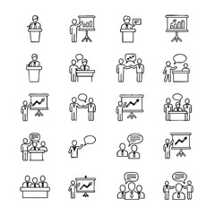 Business Meeting Conference and Presentation Line Icons Set Vector Illustration with People Presenting Data and Discussing Ideas