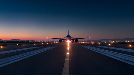 Lone Aircraft Taxiing with Illuminated Path at Dusk Under a Clear Twilight Sky
