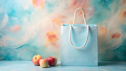 A blue shopping bag with apples on a table with colorful background