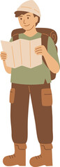 Young Hiker Reads Map With Backpack