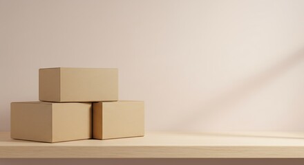 Minimalist Cardboard Boxes on Wooden Shelf