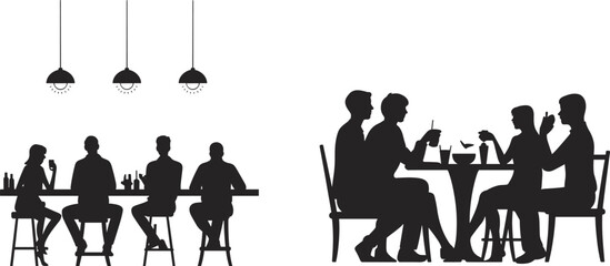 People sitting at bar and restaurant table, drinking cocktails, social gathering, friends nightlife, flat vector illustration, silhouette design, communication.eps