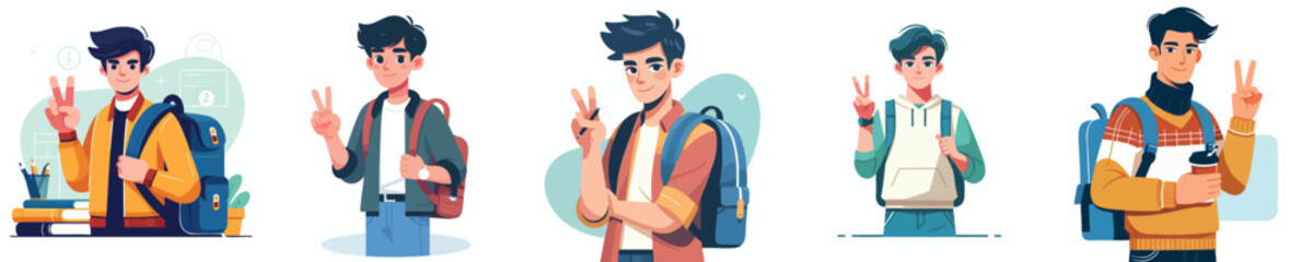 Teen Boys Making Peace Sign with Backpacks – Vector Cartoon Collection