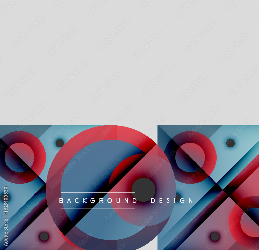 Poster abstract geometric design. circles, squares overlap creating vibrant color gradients. modern aesthet