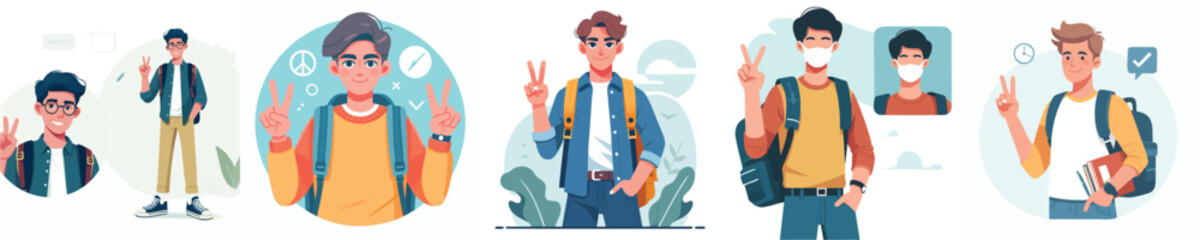 Teen Boys Making Peace Sign with Backpacks – Vector Cartoon Collectionn