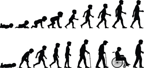 Human life stages from baby to old age, growth development evolution, walking, crawling to wheelchair, flat vector illustration, black silhouette.eps
