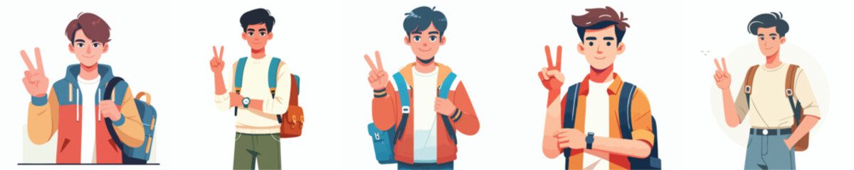 Teen Boys Showing Peace Sign with Backpacks – Vector Cartoon Set